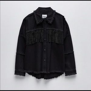 ZARA NWT Black Denim Rhinestone Fringe Jacket